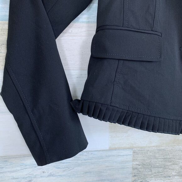 Worth Wool Ruffle Blazer Jacket Black Ruffle Hem Pockets Lined Cropped Womens 4 - Picture 3 of 8